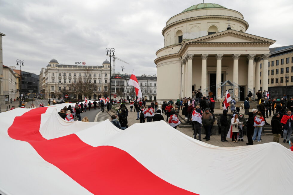 Belarusians protest in Warsaw against re-election of Lukashenko