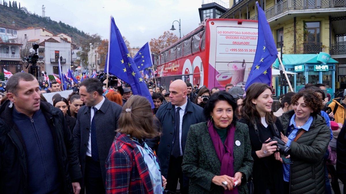 Georgian president joins pro-EU protests in capital Tbilisi